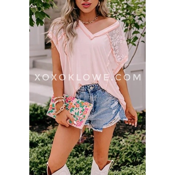 POL Tops - POL Pink Peach Rayon Jersey + Floral Lace Short Sleeve Top Oversized